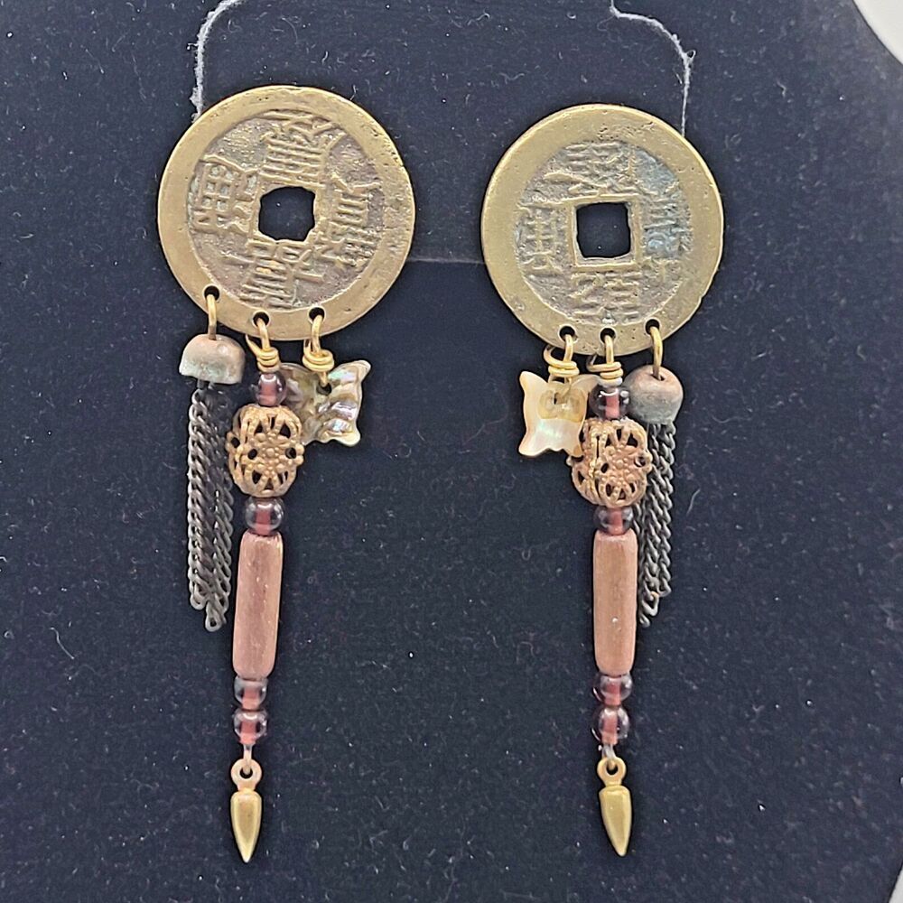 Vintage Dangling Chinese Coin Earrings 3in
